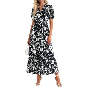 PRETTYGARDEN Women’s Summer Maxi Dresses Boho Floral Short Sleeve V Neck Casual Wedding Guest 2026 Beach Vacation Outfits(Floral Black White)