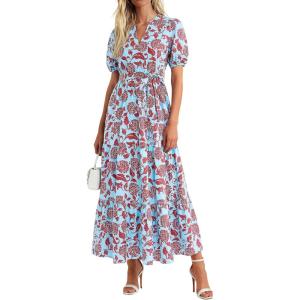 PRETTYGARDEN Women’s Summer Maxi Dresses Boho Floral Short Sleeve V Neck Casual Wedding Guest 2026 Beach Vacation Outfits(Floral Blue Brown)