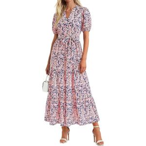 PRETTYGARDEN Women’s Summer Maxi Dresses Boho Floral Short Sleeve V Neck Casual Wedding Guest 2026 Beach Vacation Outfits(Floral Navy Blue)