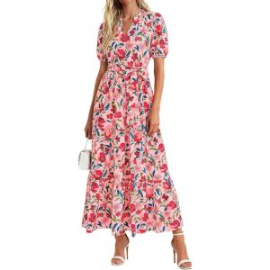 PRETTYGARDEN Women’s Summer Maxi Dresses Boho Floral Short Sleeve V Neck Casual Wedding Guest 2026 Beach Vacation Outfits(Floral Orange Pink Red)