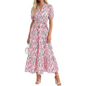 PRETTYGARDEN Women’s Summer Maxi Dresses Boho Floral Short Sleeve V Neck Casual Wedding Guest 2026 Beach Vacation Outfits(Floral Pink Multicolored)