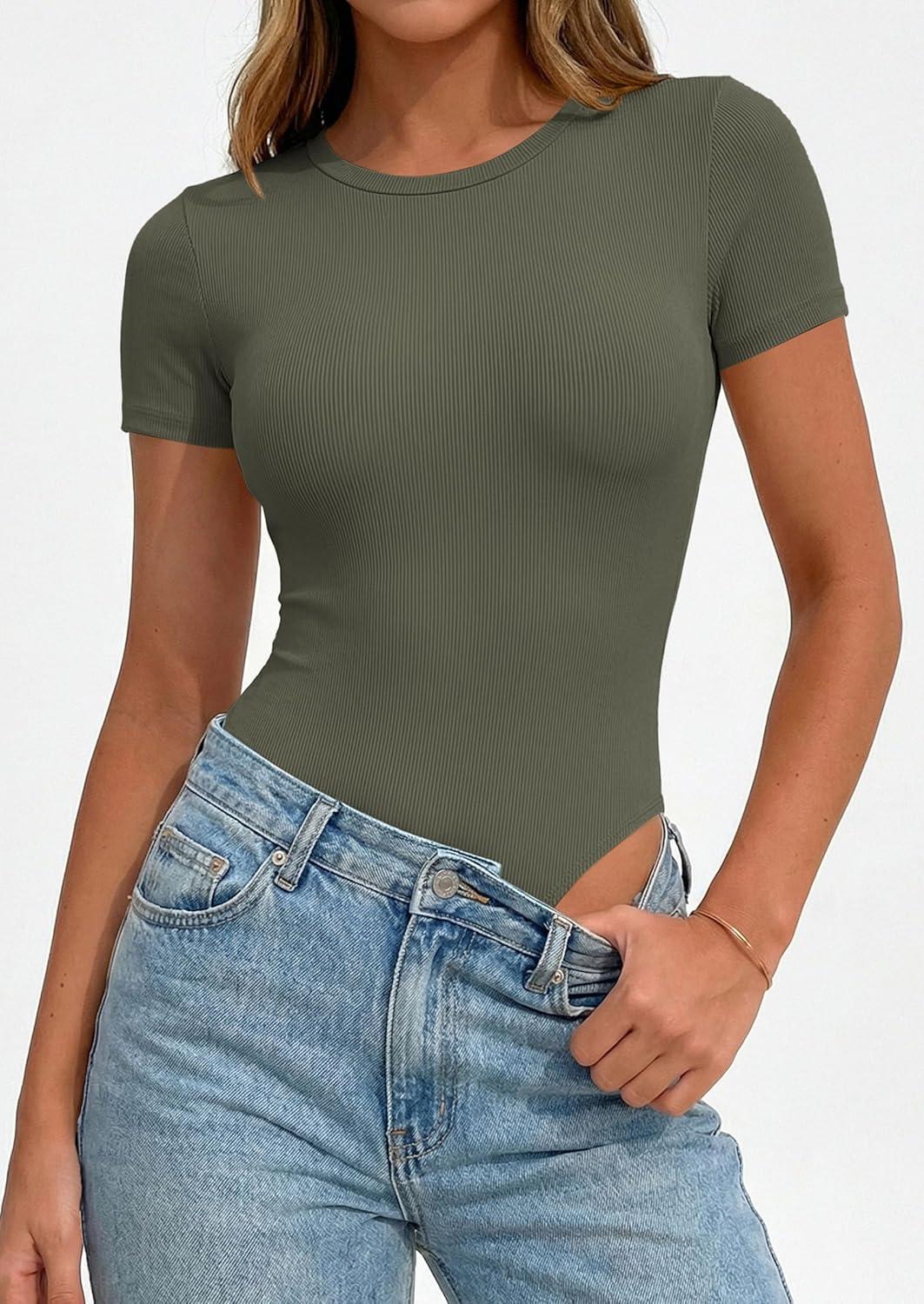 imagePRETTYGARDEN Body Suits for Womens Summer Tops 2026 Casual Short Sleeve Ribbed Fitted Basic Tee Shirts Spring Fashion ClothesArmy Green
