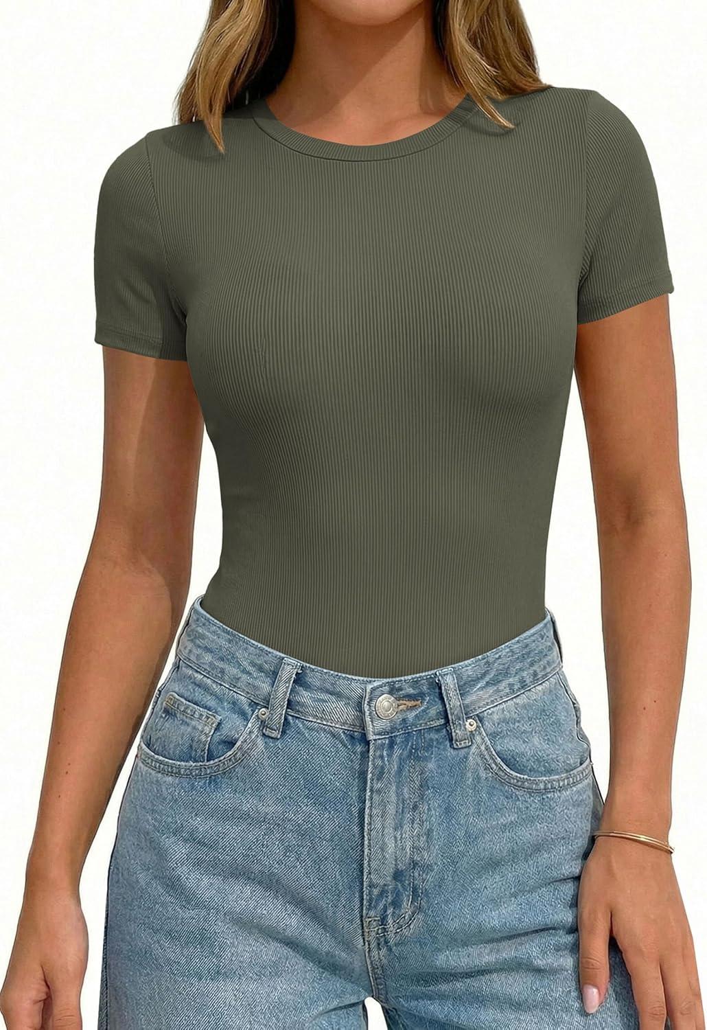 imagePRETTYGARDEN Body Suits for Womens Summer Tops 2026 Casual Short Sleeve Ribbed Fitted Basic Tee Shirts Spring Fashion ClothesArmy Green