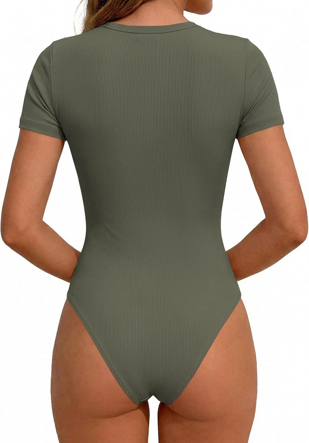 imagePRETTYGARDEN Body Suits for Womens Summer Tops 2026 Casual Short Sleeve Ribbed Fitted Basic Tee Shirts Spring Fashion ClothesArmy Green