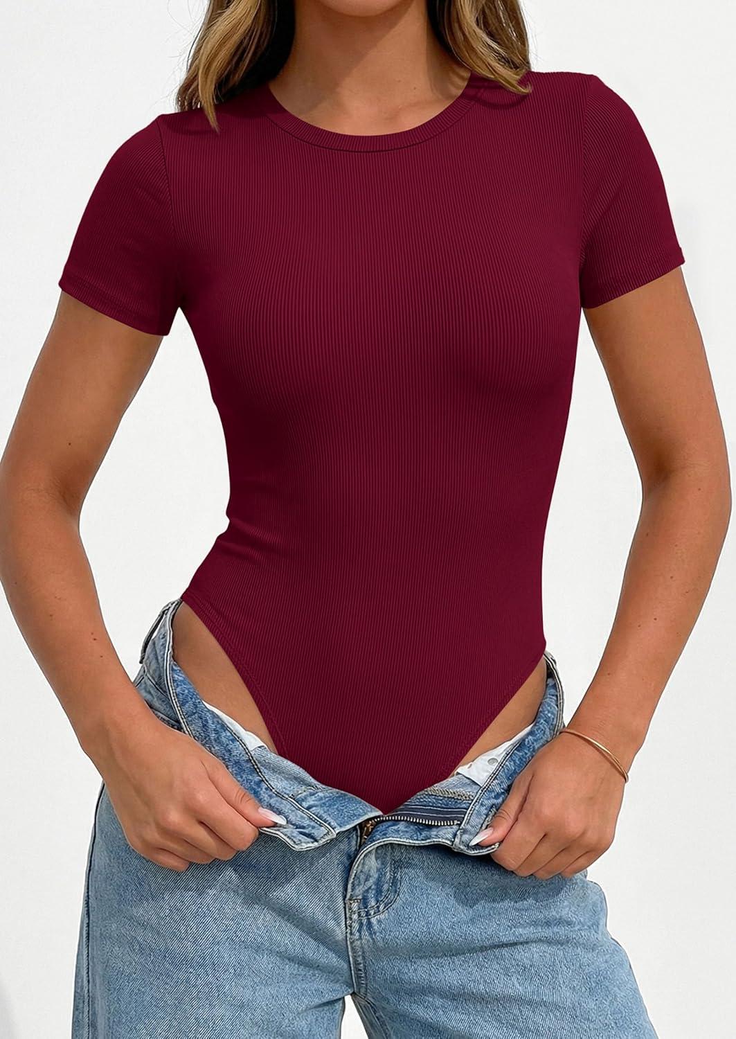 imagePRETTYGARDEN Body Suits for Womens Summer Tops 2026 Casual Short Sleeve Ribbed Fitted Basic Tee Shirts Spring Fashion ClothesBurgundy