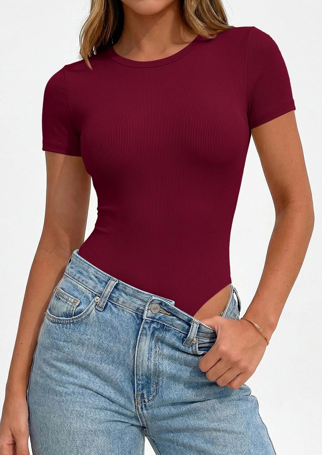 imagePRETTYGARDEN Body Suits for Womens Summer Tops 2026 Casual Short Sleeve Ribbed Fitted Basic Tee Shirts Spring Fashion ClothesBurgundy