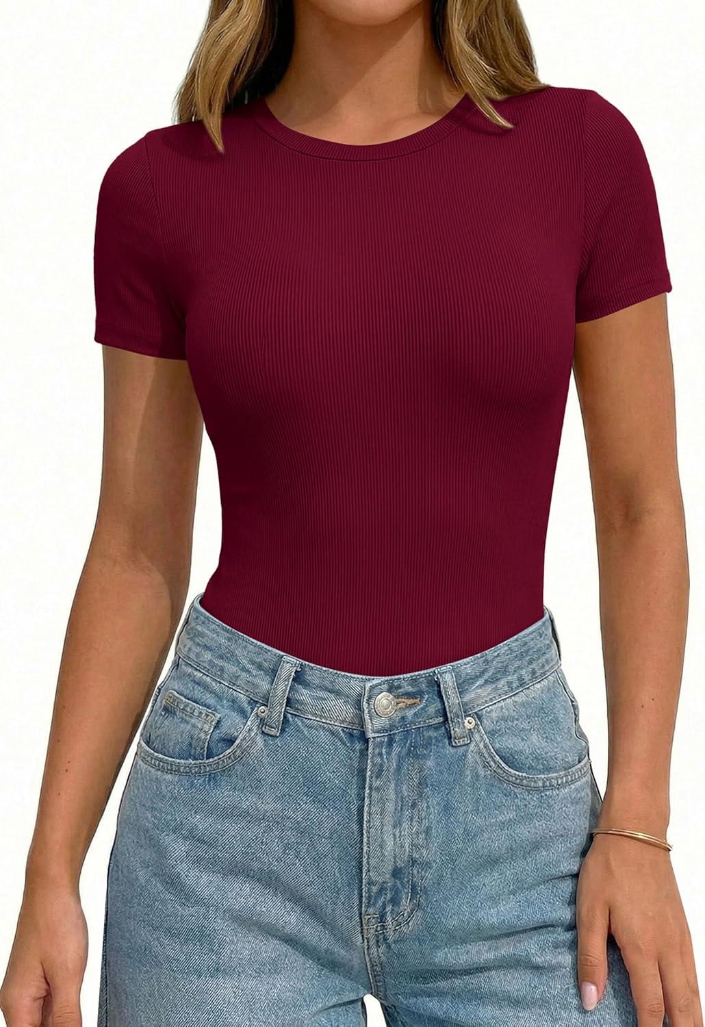 imagePRETTYGARDEN Body Suits for Womens Summer Tops 2026 Casual Short Sleeve Ribbed Fitted Basic Tee Shirts Spring Fashion ClothesBurgundy