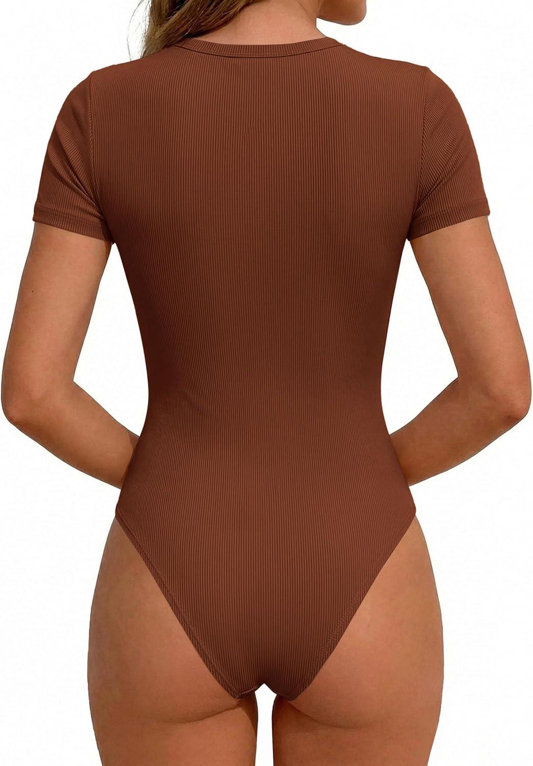 imagePRETTYGARDEN Body Suits for Womens Summer Tops 2026 Casual Short Sleeve Ribbed Fitted Basic Tee Shirts Spring Fashion ClothesCamel