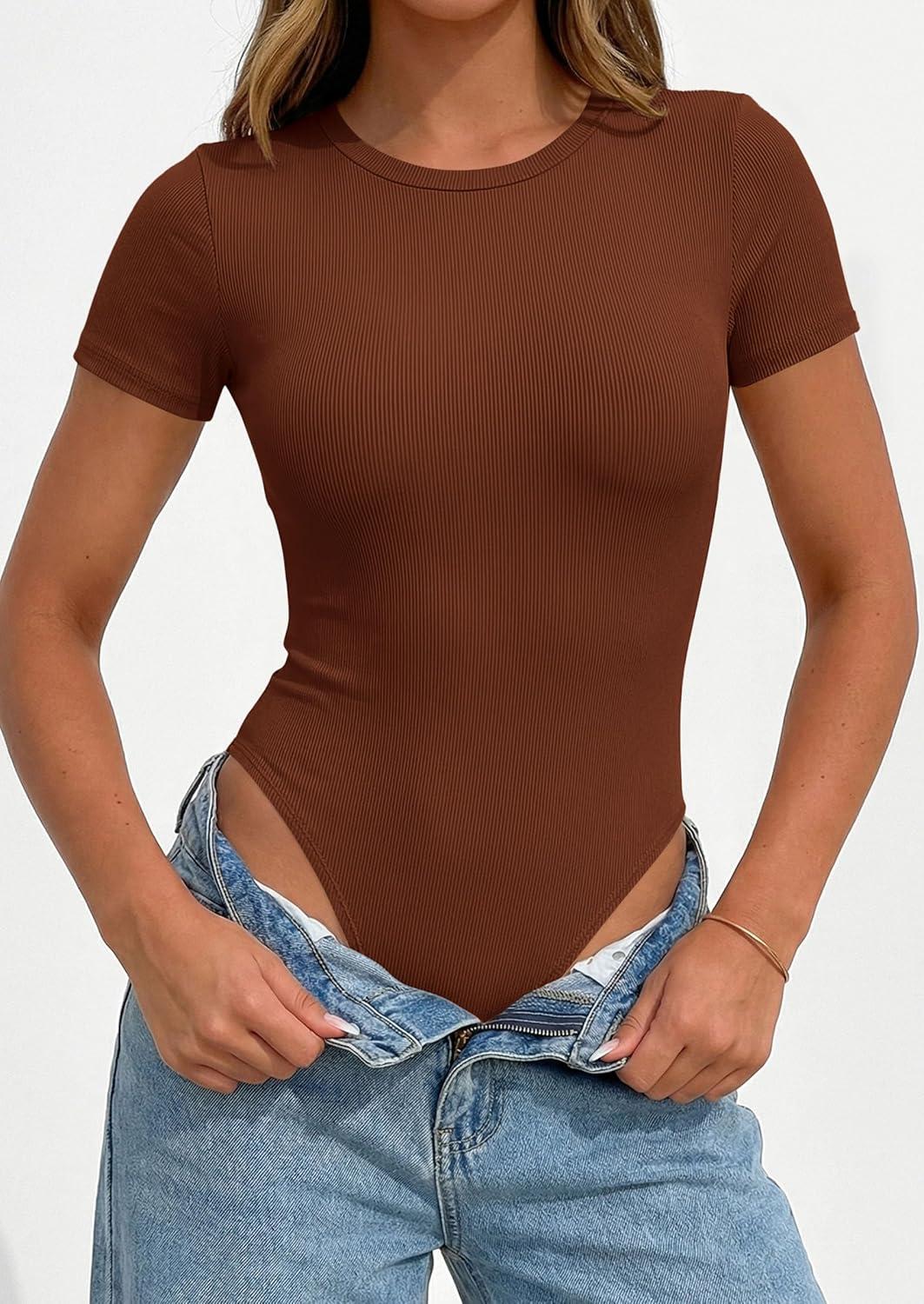 imagePRETTYGARDEN Body Suits for Womens Summer Tops 2026 Casual Short Sleeve Ribbed Fitted Basic Tee Shirts Spring Fashion ClothesCamel