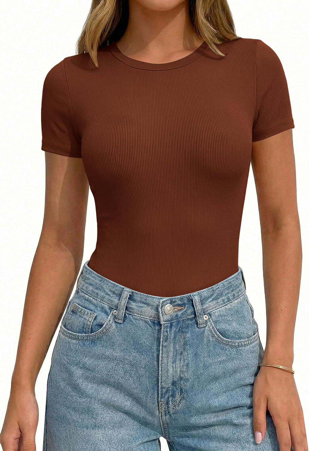 imagePRETTYGARDEN Body Suits for Womens Summer Tops 2026 Casual Short Sleeve Ribbed Fitted Basic Tee Shirts Spring Fashion ClothesCamel
