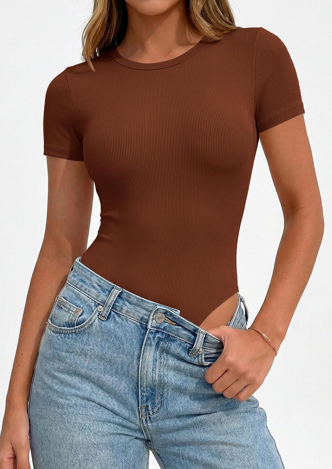 imagePRETTYGARDEN Body Suits for Womens Summer Tops 2026 Casual Short Sleeve Ribbed Fitted Basic Tee Shirts Spring Fashion ClothesCamel