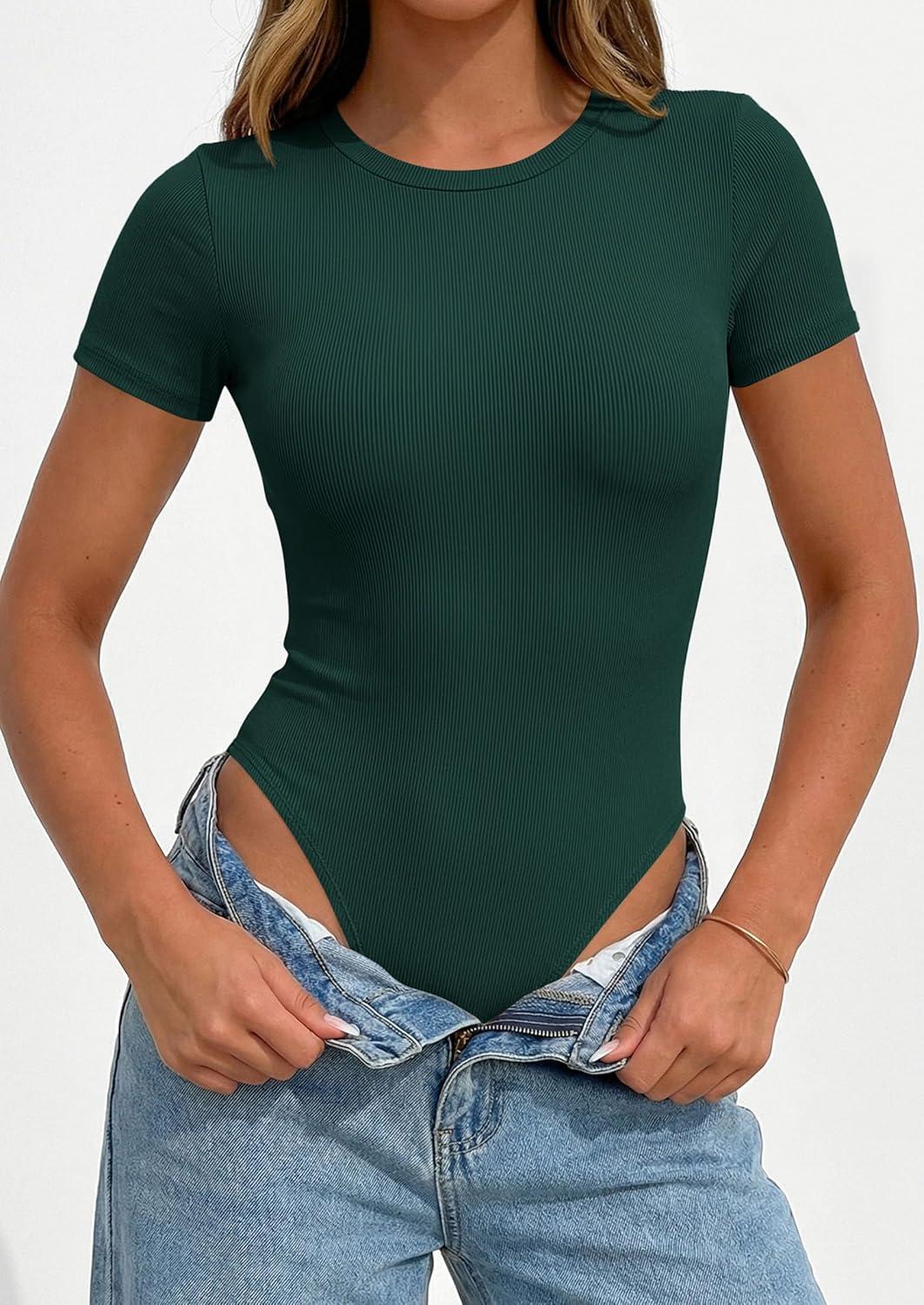 imagePRETTYGARDEN Body Suits for Womens Summer Tops 2026 Casual Short Sleeve Ribbed Fitted Basic Tee Shirts Spring Fashion ClothesDark Green