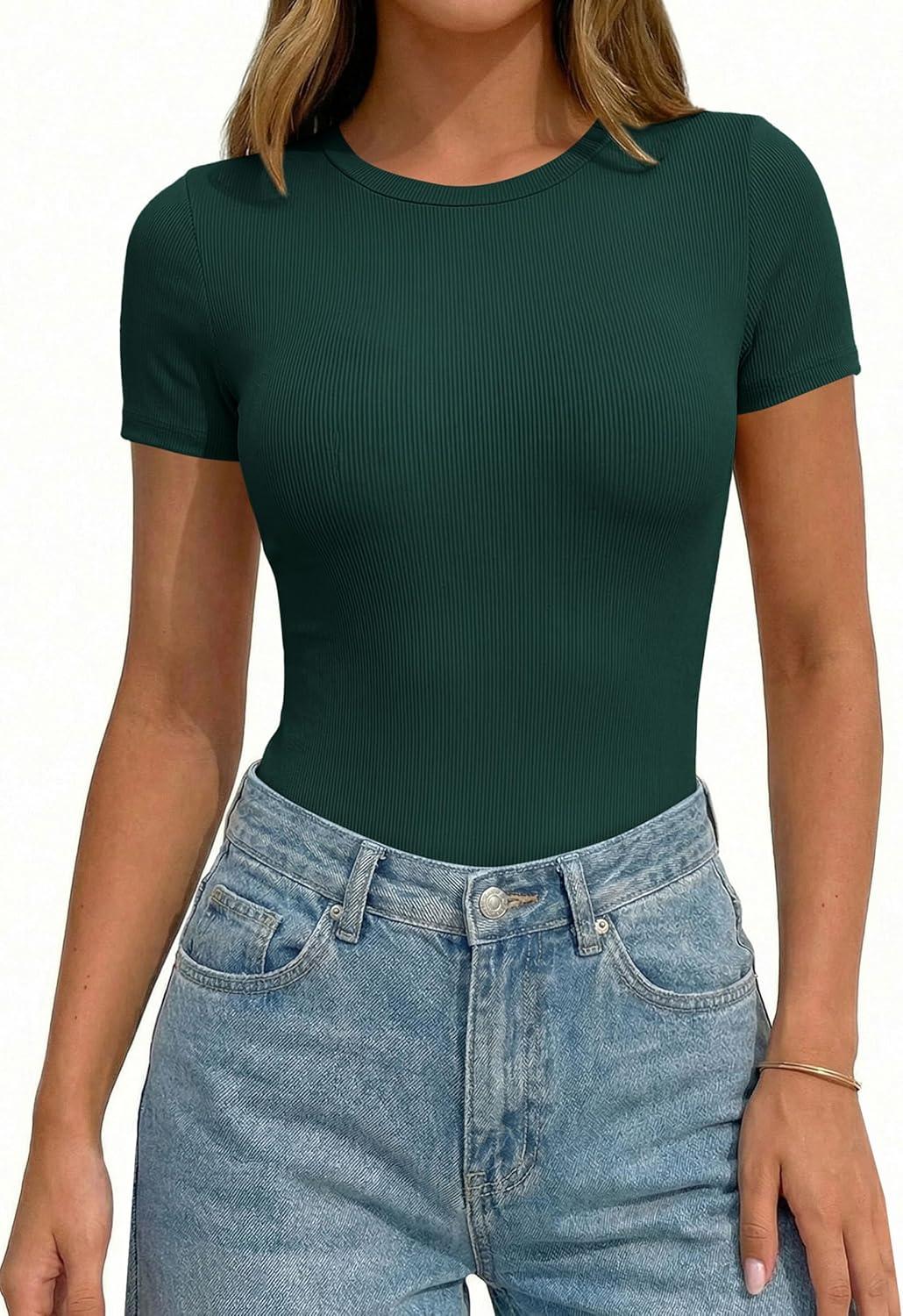 imagePRETTYGARDEN Body Suits for Womens Summer Tops 2026 Casual Short Sleeve Ribbed Fitted Basic Tee Shirts Spring Fashion ClothesDark Green