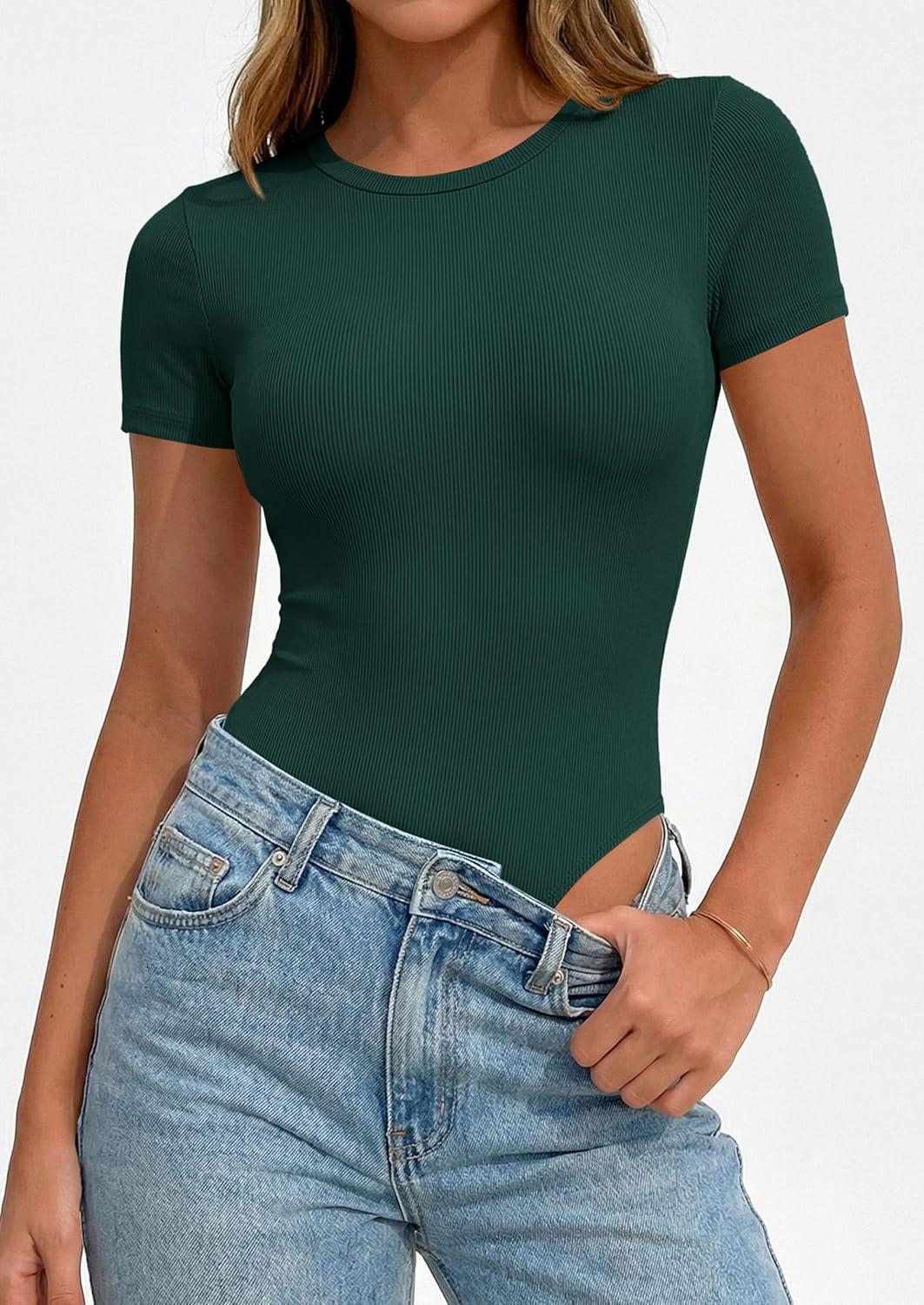 imagePRETTYGARDEN Body Suits for Womens Summer Tops 2026 Casual Short Sleeve Ribbed Fitted Basic Tee Shirts Spring Fashion ClothesDark Green