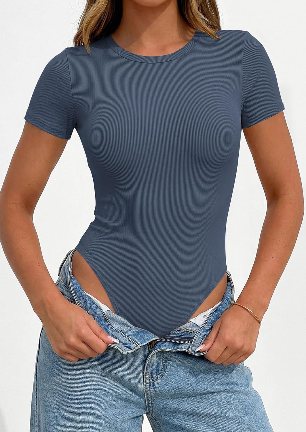 imagePRETTYGARDEN Body Suits for Womens Summer Tops 2026 Casual Short Sleeve Ribbed Fitted Basic Tee Shirts Spring Fashion ClothesDusty Blue