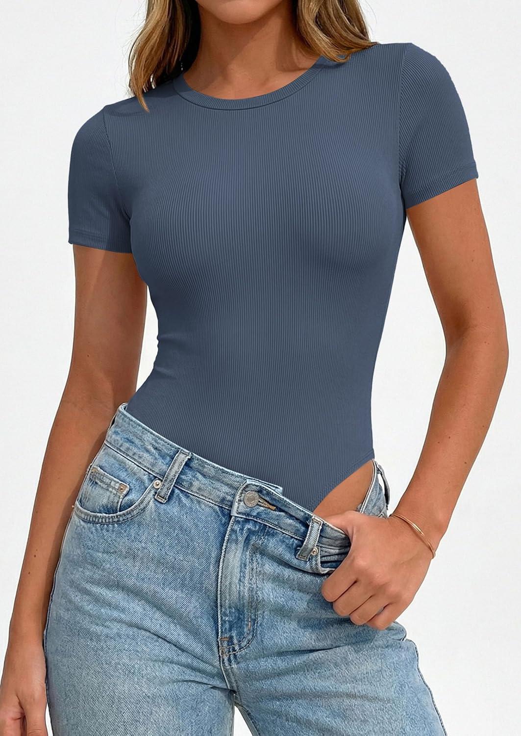 imagePRETTYGARDEN Body Suits for Womens Summer Tops 2026 Casual Short Sleeve Ribbed Fitted Basic Tee Shirts Spring Fashion ClothesDusty Blue