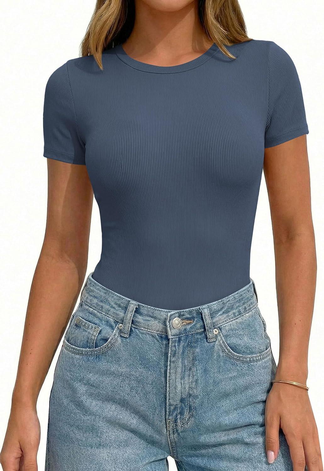 imagePRETTYGARDEN Body Suits for Womens Summer Tops 2026 Casual Short Sleeve Ribbed Fitted Basic Tee Shirts Spring Fashion ClothesDusty Blue