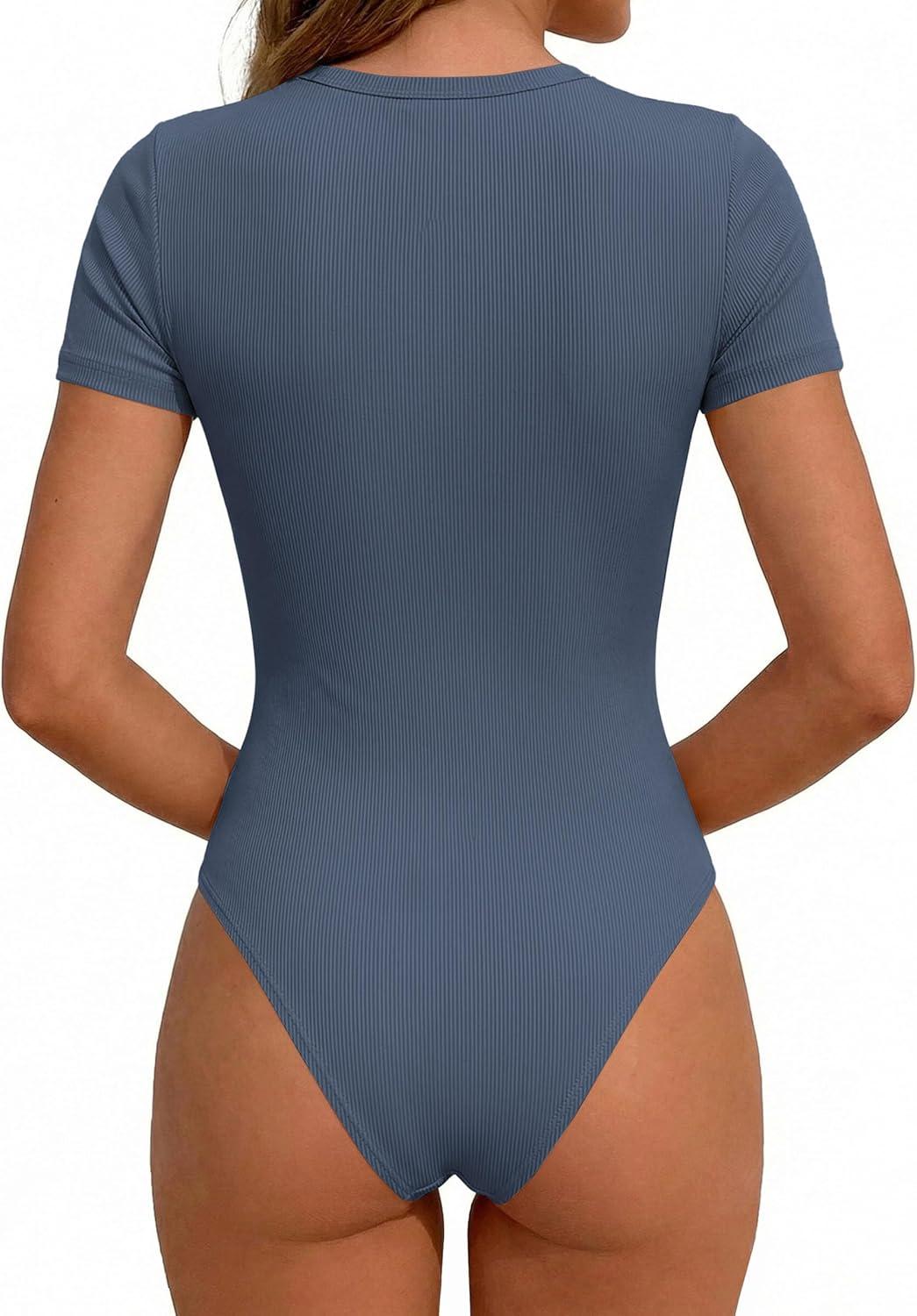 imagePRETTYGARDEN Body Suits for Womens Summer Tops 2026 Casual Short Sleeve Ribbed Fitted Basic Tee Shirts Spring Fashion ClothesDusty Blue