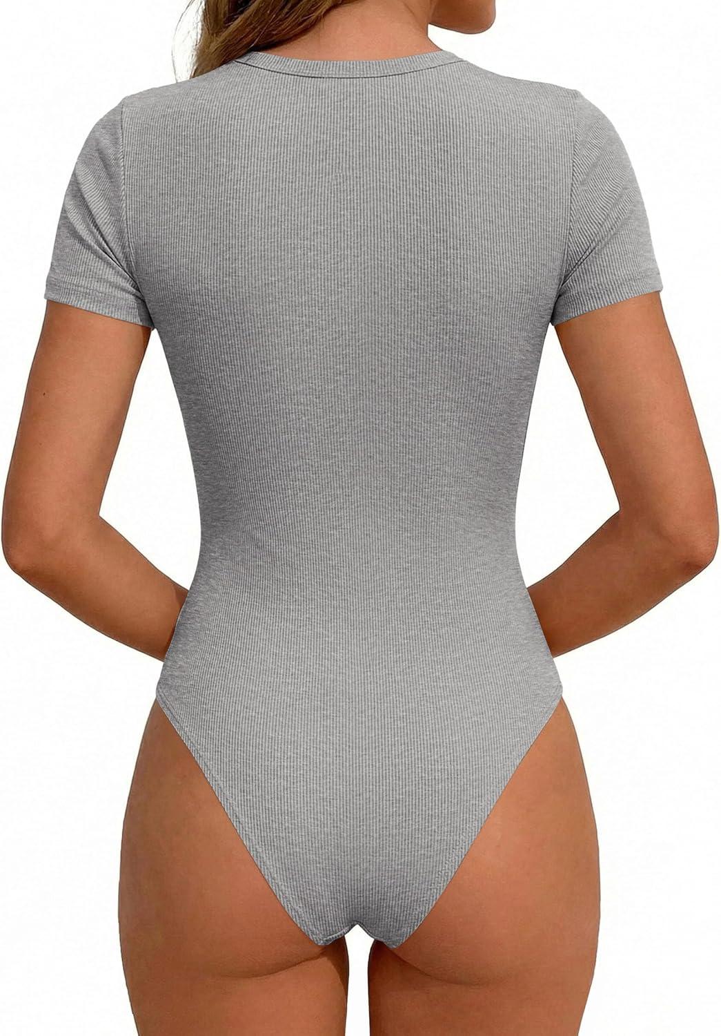 imagePRETTYGARDEN Body Suits for Womens Summer Tops 2026 Casual Short Sleeve Ribbed Fitted Basic Tee Shirts Spring Fashion ClothesGrey