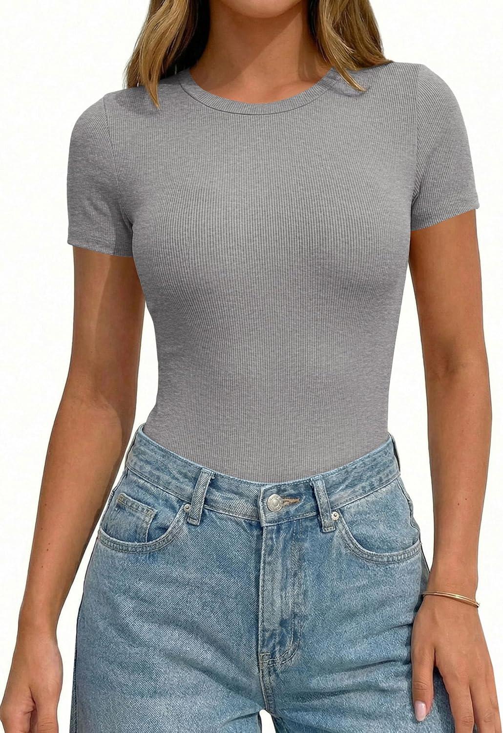 imagePRETTYGARDEN Body Suits for Womens Summer Tops 2026 Casual Short Sleeve Ribbed Fitted Basic Tee Shirts Spring Fashion ClothesGrey
