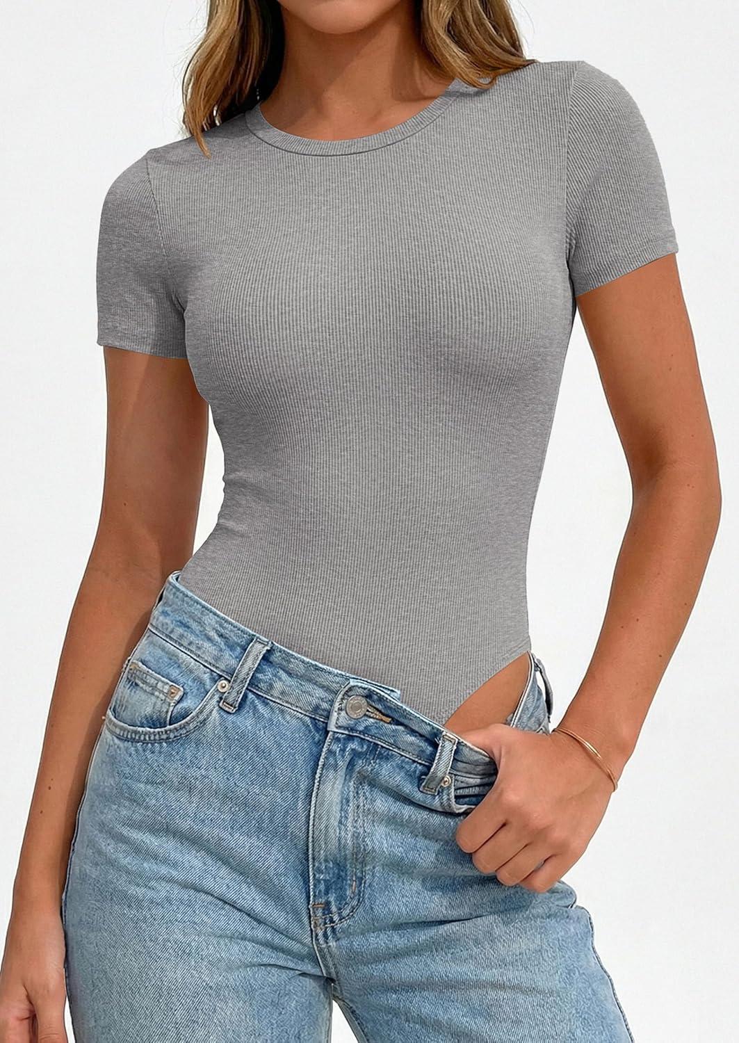 imagePRETTYGARDEN Body Suits for Womens Summer Tops 2026 Casual Short Sleeve Ribbed Fitted Basic Tee Shirts Spring Fashion ClothesGrey