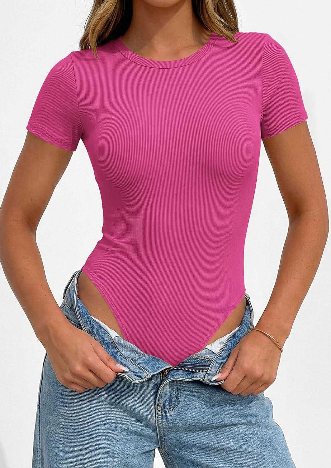 imagePRETTYGARDEN Body Suits for Womens Summer Tops 2026 Casual Short Sleeve Ribbed Fitted Basic Tee Shirts Spring Fashion ClothesHot Pink