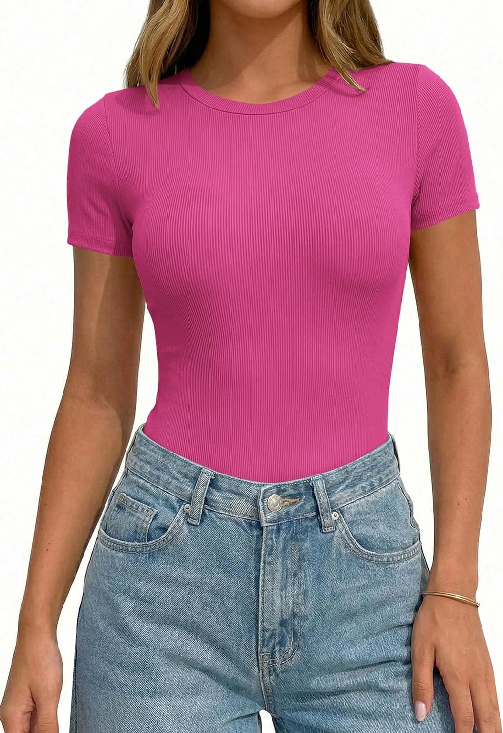 imagePRETTYGARDEN Body Suits for Womens Summer Tops 2026 Casual Short Sleeve Ribbed Fitted Basic Tee Shirts Spring Fashion ClothesHot Pink
