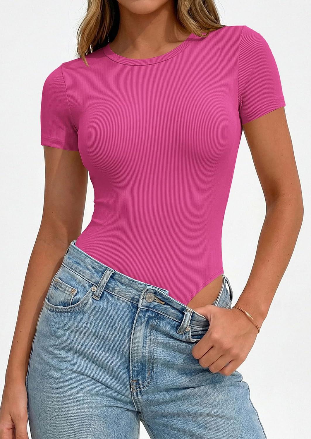imagePRETTYGARDEN Body Suits for Womens Summer Tops 2026 Casual Short Sleeve Ribbed Fitted Basic Tee Shirts Spring Fashion ClothesHot Pink
