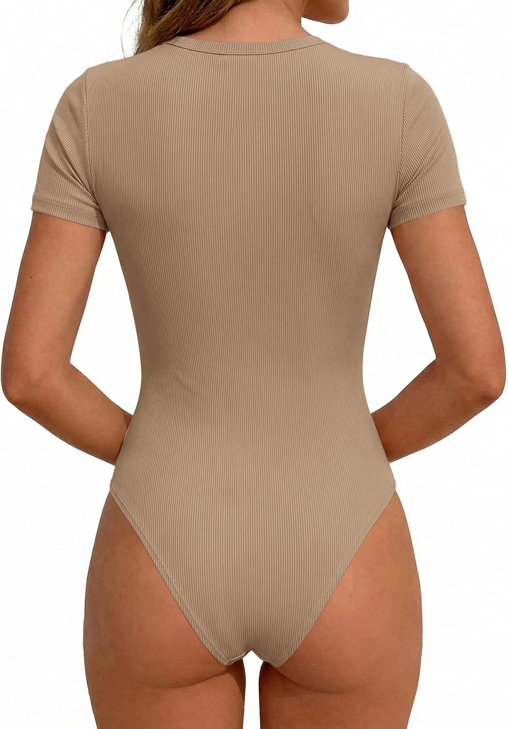 imagePRETTYGARDEN Body Suits for Womens Summer Tops 2026 Casual Short Sleeve Ribbed Fitted Basic Tee Shirts Spring Fashion ClothesKhaki