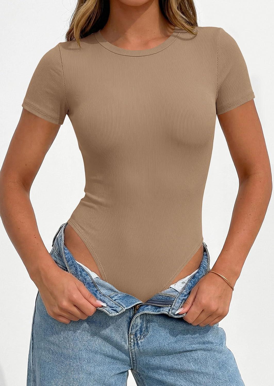 imagePRETTYGARDEN Body Suits for Womens Summer Tops 2026 Casual Short Sleeve Ribbed Fitted Basic Tee Shirts Spring Fashion ClothesKhaki