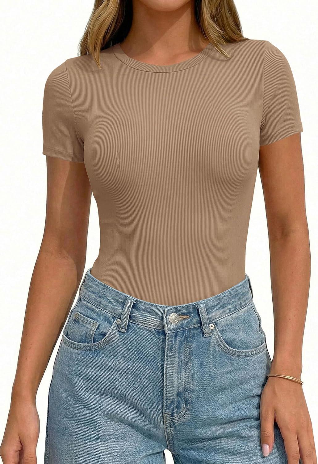 imagePRETTYGARDEN Body Suits for Womens Summer Tops 2026 Casual Short Sleeve Ribbed Fitted Basic Tee Shirts Spring Fashion ClothesKhaki