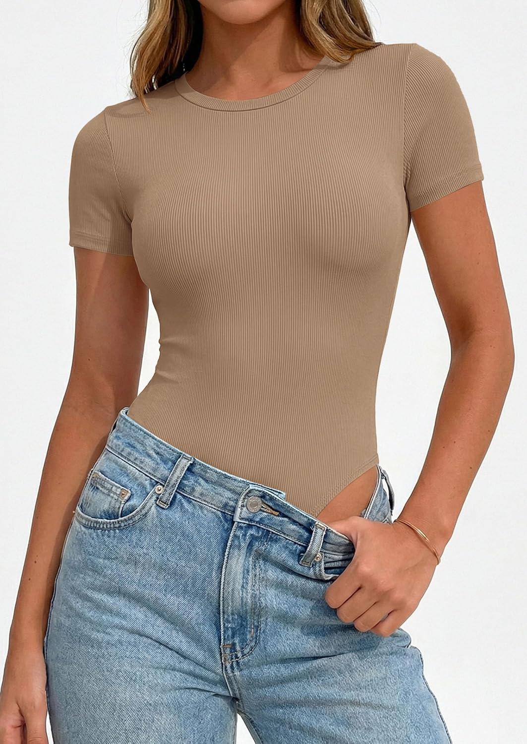 imagePRETTYGARDEN Body Suits for Womens Summer Tops 2026 Casual Short Sleeve Ribbed Fitted Basic Tee Shirts Spring Fashion ClothesKhaki
