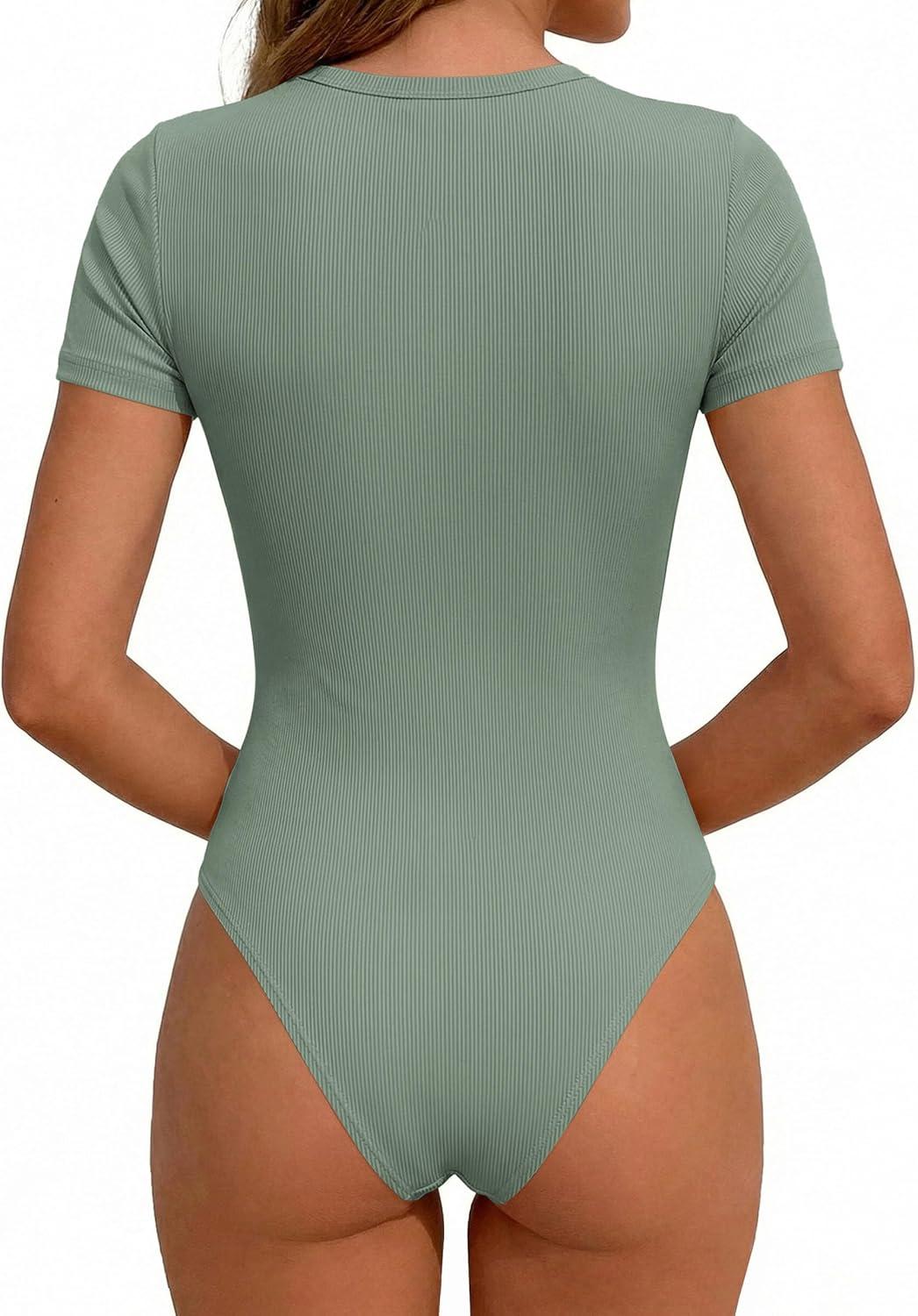 imagePRETTYGARDEN Body Suits for Womens Summer Tops 2026 Casual Short Sleeve Ribbed Fitted Basic Tee Shirts Spring Fashion ClothesSage Green