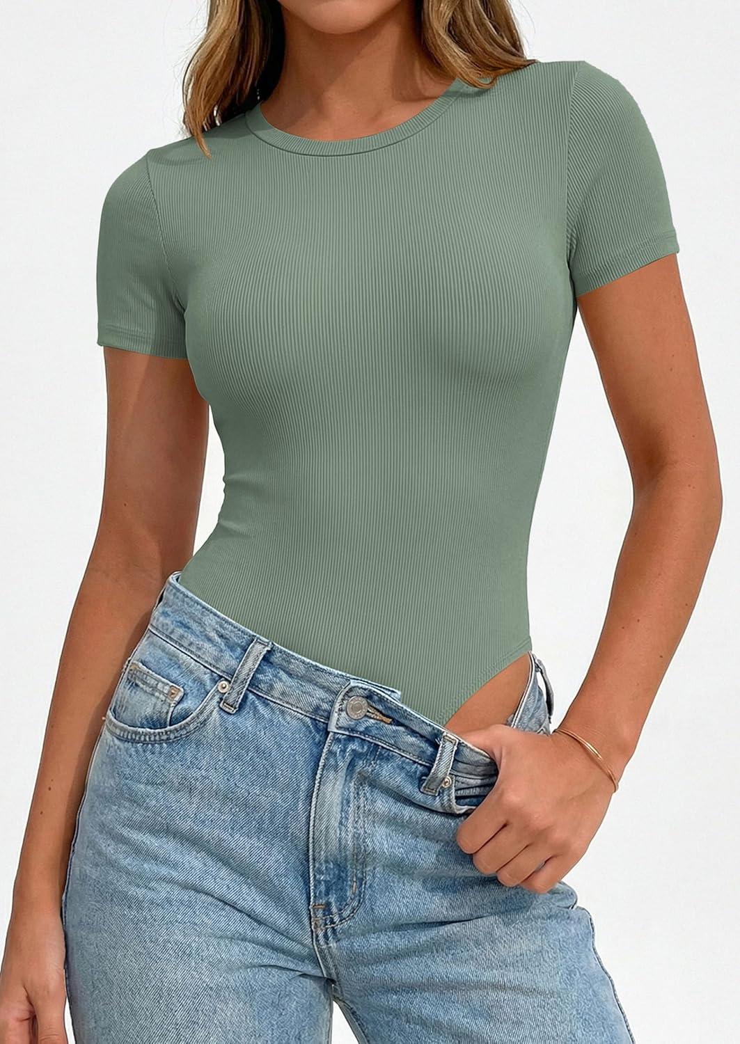 imagePRETTYGARDEN Body Suits for Womens Summer Tops 2026 Casual Short Sleeve Ribbed Fitted Basic Tee Shirts Spring Fashion ClothesSage Green