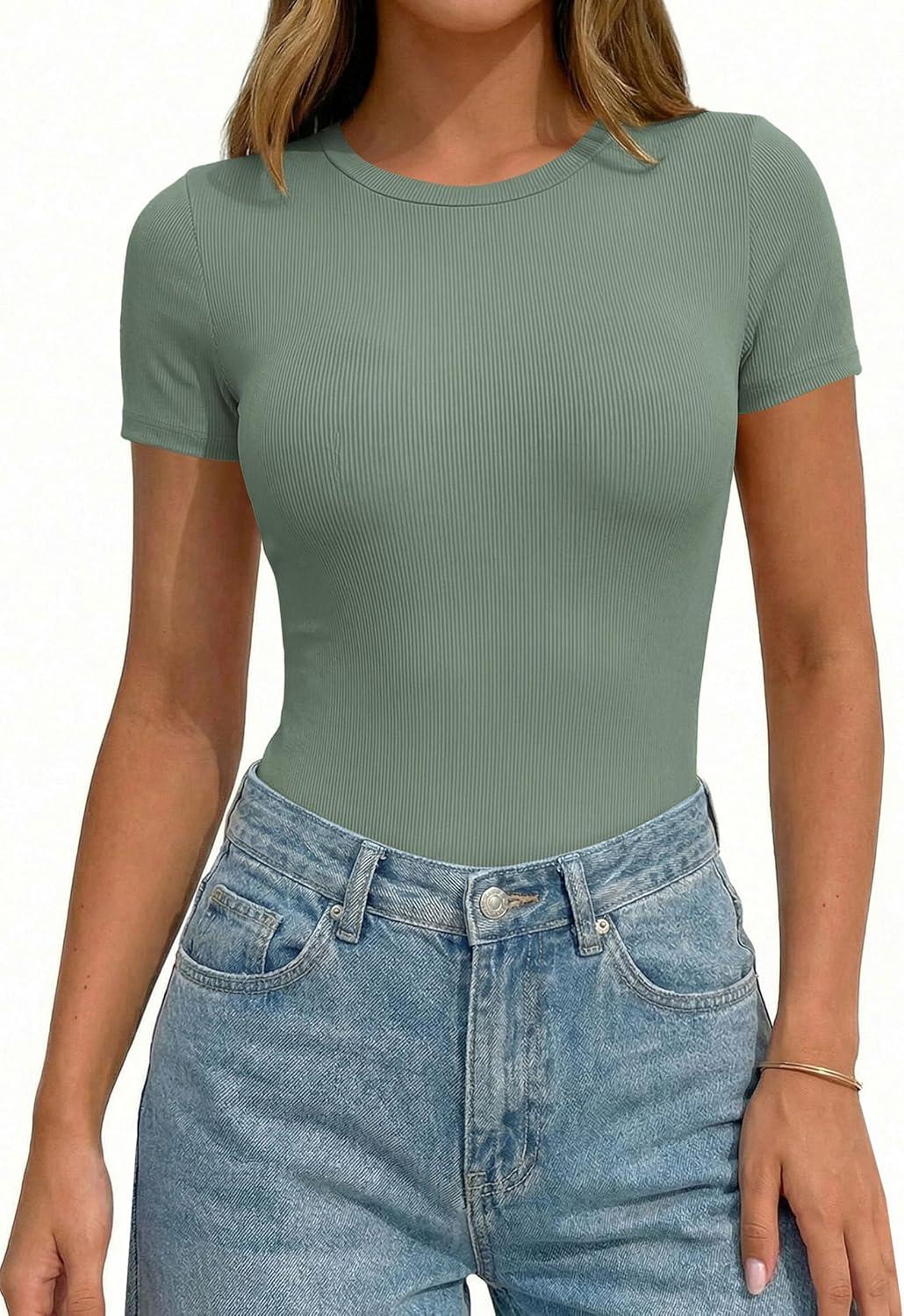 imagePRETTYGARDEN Body Suits for Womens Summer Tops 2026 Casual Short Sleeve Ribbed Fitted Basic Tee Shirts Spring Fashion ClothesSage Green