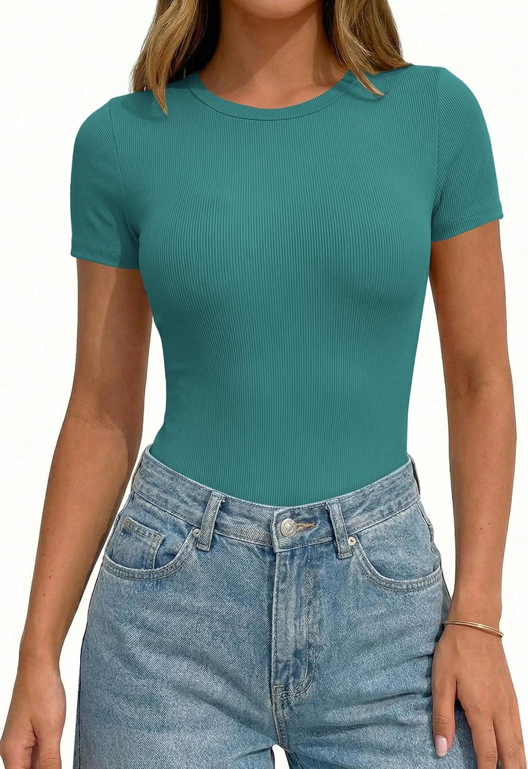 imagePRETTYGARDEN Body Suits for Womens Summer Tops 2026 Casual Short Sleeve Ribbed Fitted Basic Tee Shirts Spring Fashion ClothesTeal