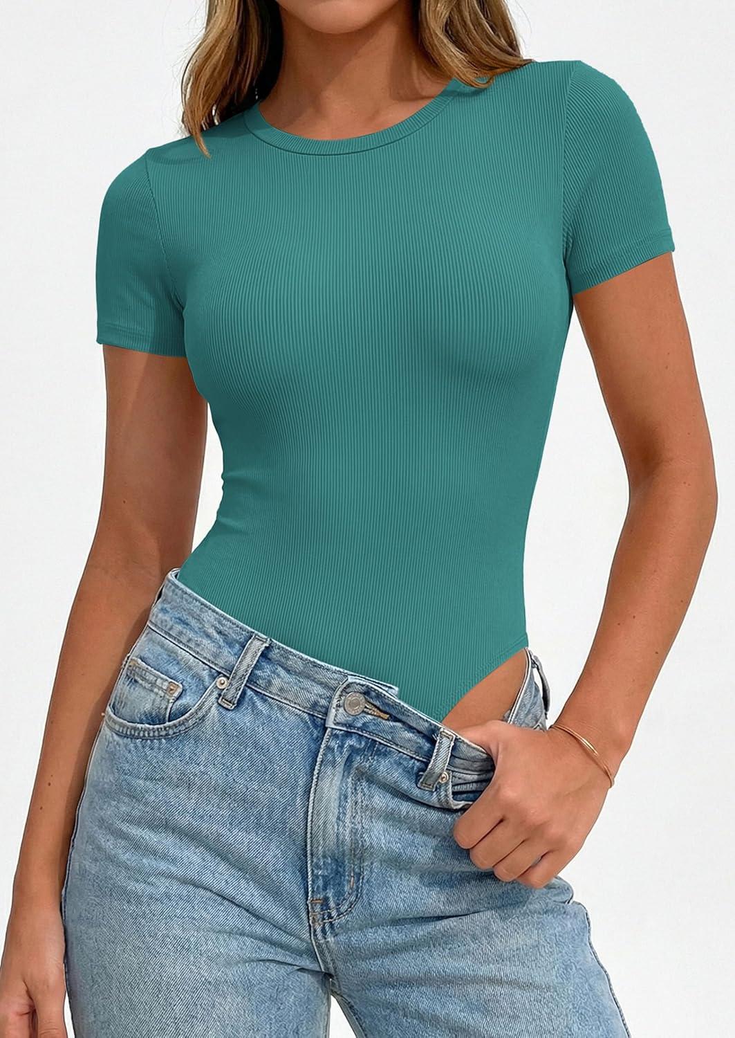 imagePRETTYGARDEN Body Suits for Womens Summer Tops 2026 Casual Short Sleeve Ribbed Fitted Basic Tee Shirts Spring Fashion ClothesTeal