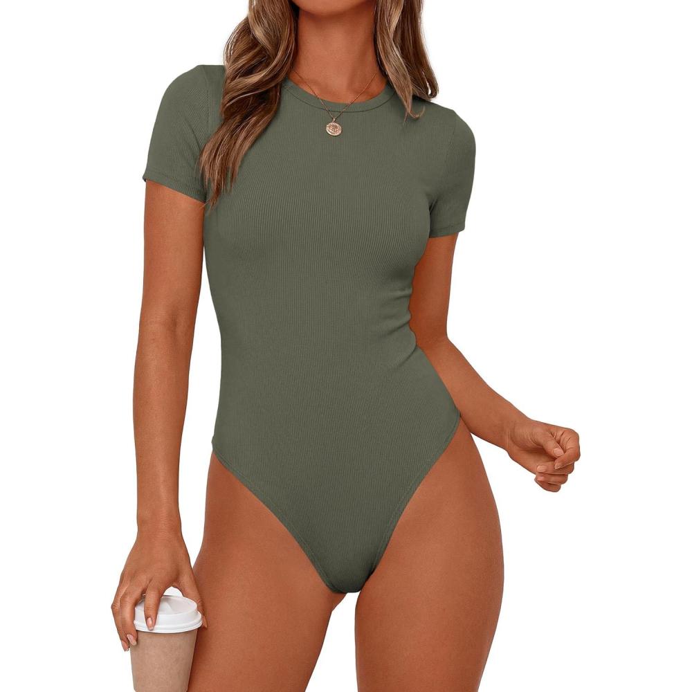 imagePRETTYGARDEN Body Suits for Womens Summer Tops 2026 Casual Short Sleeve Ribbed Fitted Basic Tee Shirts Spring Fashion ClothesArmy Green