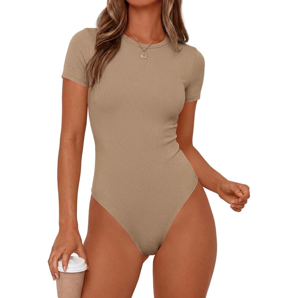 imagePRETTYGARDEN Body Suits for Womens Summer Tops 2026 Casual Short Sleeve Ribbed Fitted Basic Tee Shirts Spring Fashion ClothesKhaki