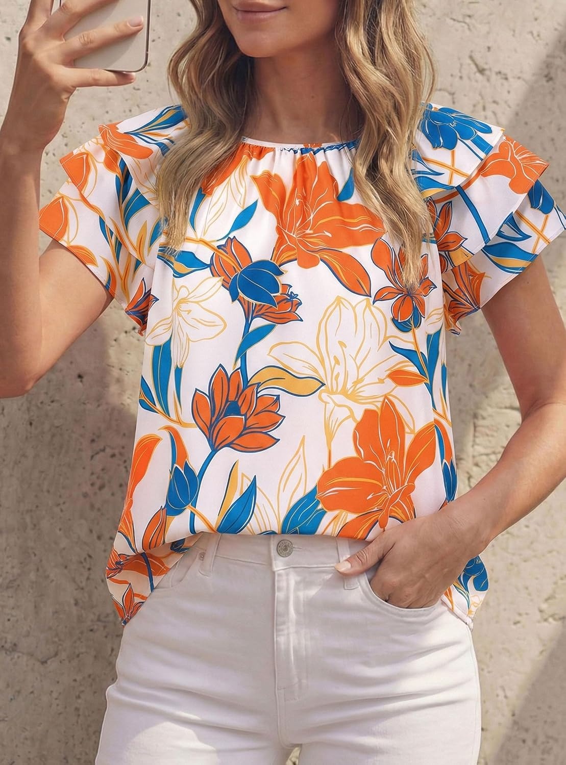 imagePRETTYGARDEN Boho Floral Tops for Women Summer Blouses Dressy Casual 2026 Spring Beach Vacation Ruffle Short Sleeve ShirtsWhite Orange Red Floral