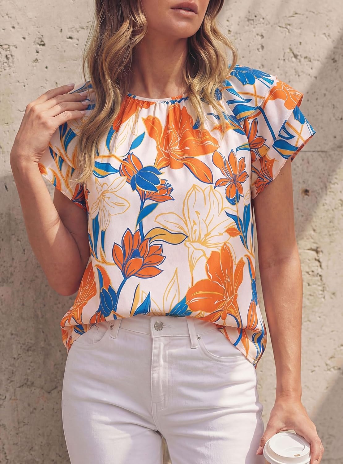 imagePRETTYGARDEN Boho Floral Tops for Women Summer Blouses Dressy Casual 2026 Spring Beach Vacation Ruffle Short Sleeve ShirtsWhite Orange Red Floral