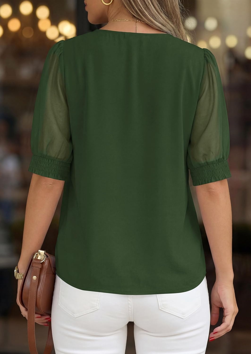 imagePRETTYGARDEN Womens Tops Dressy Casual Puff Sleeve Chiffon Blouses V Neck Business Work Shirts 2026 Summer Fashion ClothingArmy Green