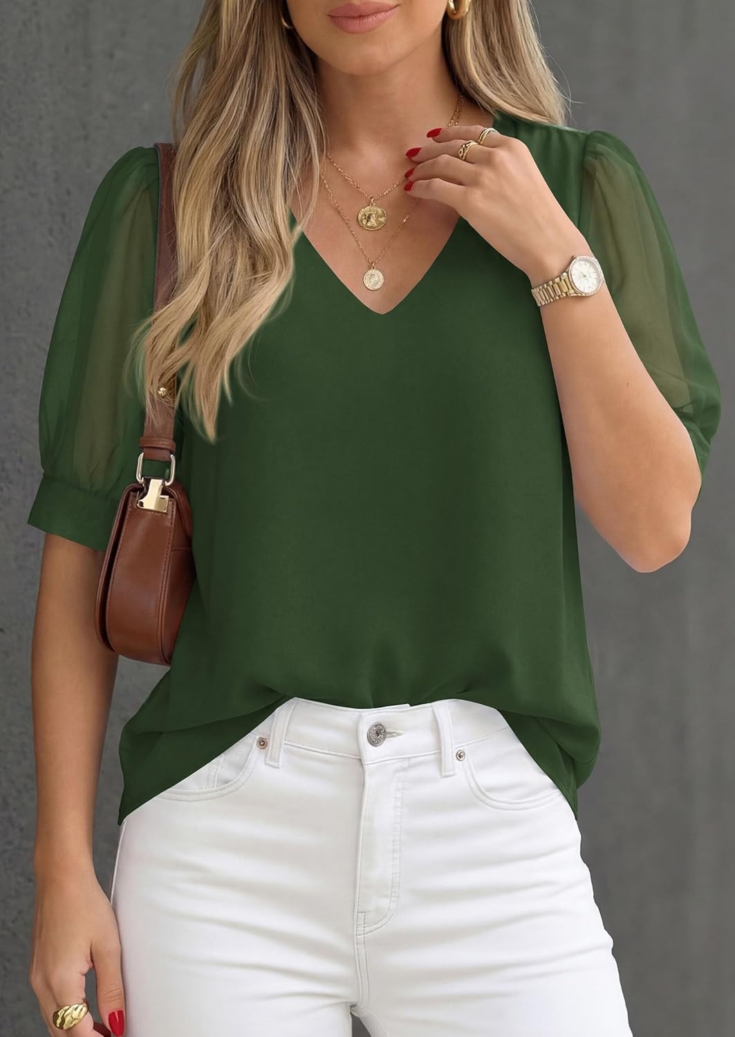 imagePRETTYGARDEN Womens Tops Dressy Casual Puff Sleeve Chiffon Blouses V Neck Business Work Shirts 2026 Summer Fashion ClothingArmy Green