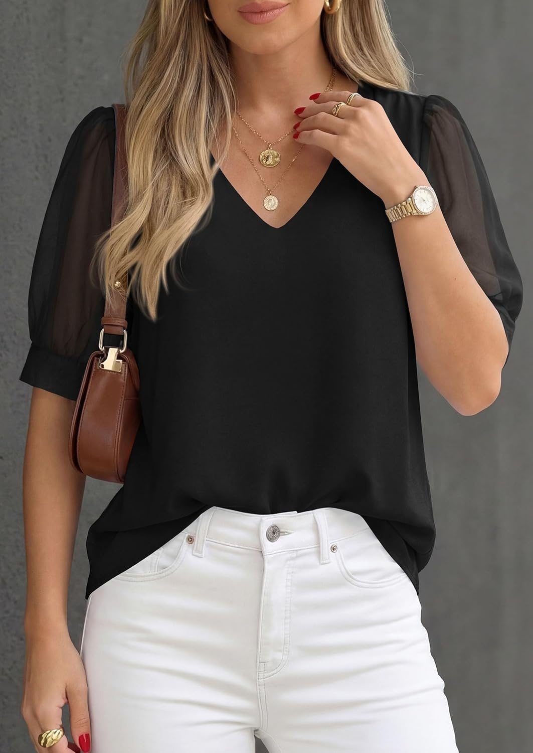 imagePRETTYGARDEN Womens Tops Dressy Casual Puff Sleeve Chiffon Blouses V Neck Business Work Shirts 2026 Summer Fashion ClothingBlack