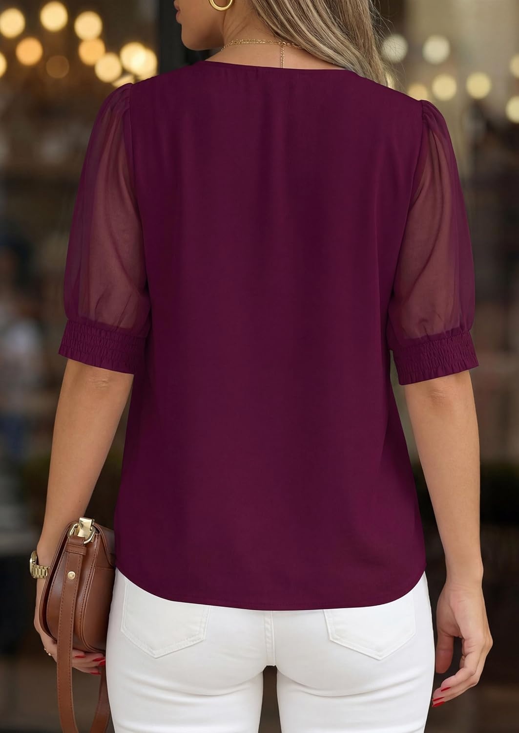 imagePRETTYGARDEN Womens Tops Dressy Casual Puff Sleeve Chiffon Blouses V Neck Business Work Shirts 2026 Summer Fashion ClothingBurgundy