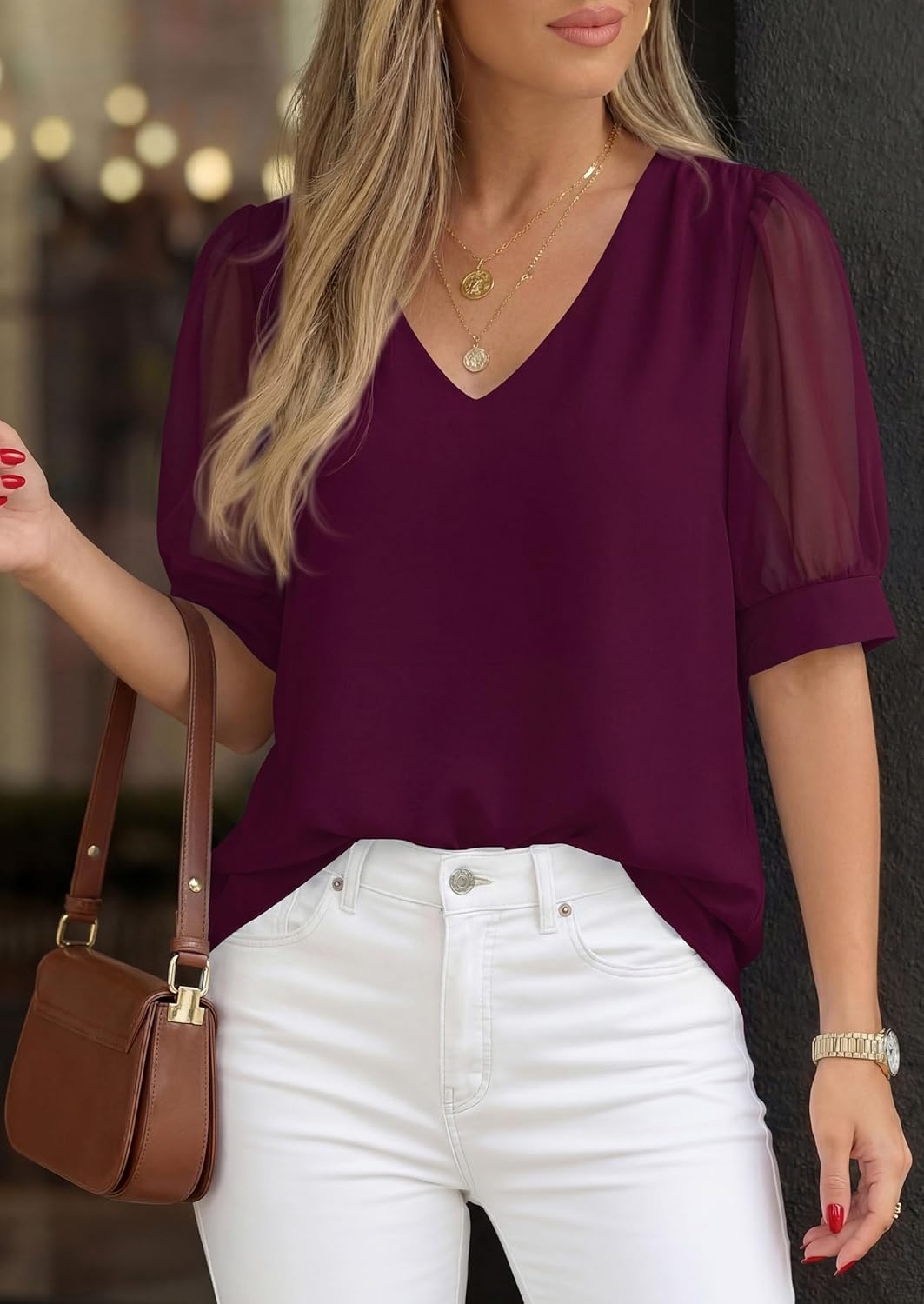 imagePRETTYGARDEN Womens Tops Dressy Casual Puff Sleeve Chiffon Blouses V Neck Business Work Shirts 2026 Summer Fashion ClothingBurgundy