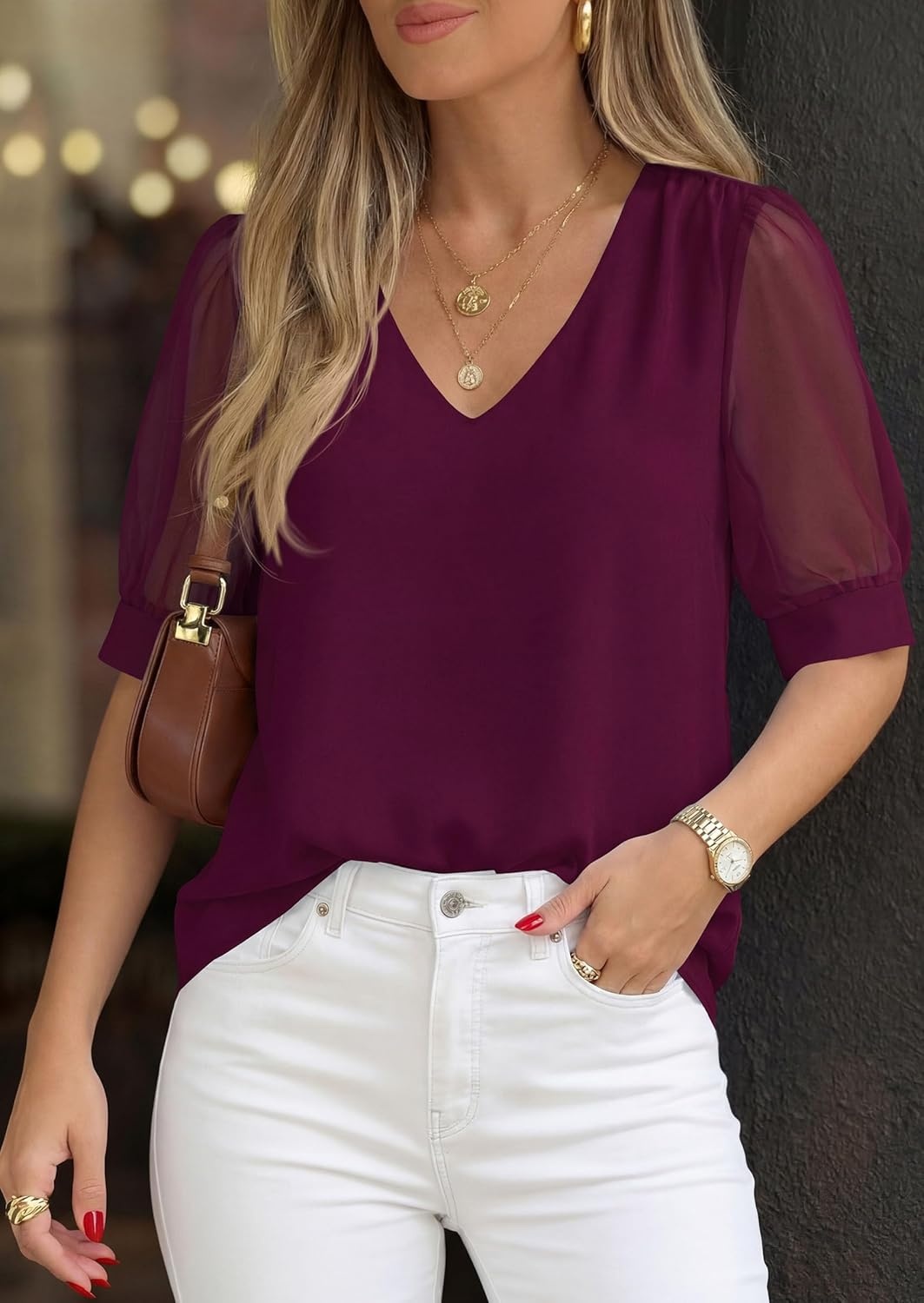 imagePRETTYGARDEN Womens Tops Dressy Casual Puff Sleeve Chiffon Blouses V Neck Business Work Shirts 2026 Summer Fashion ClothingBurgundy