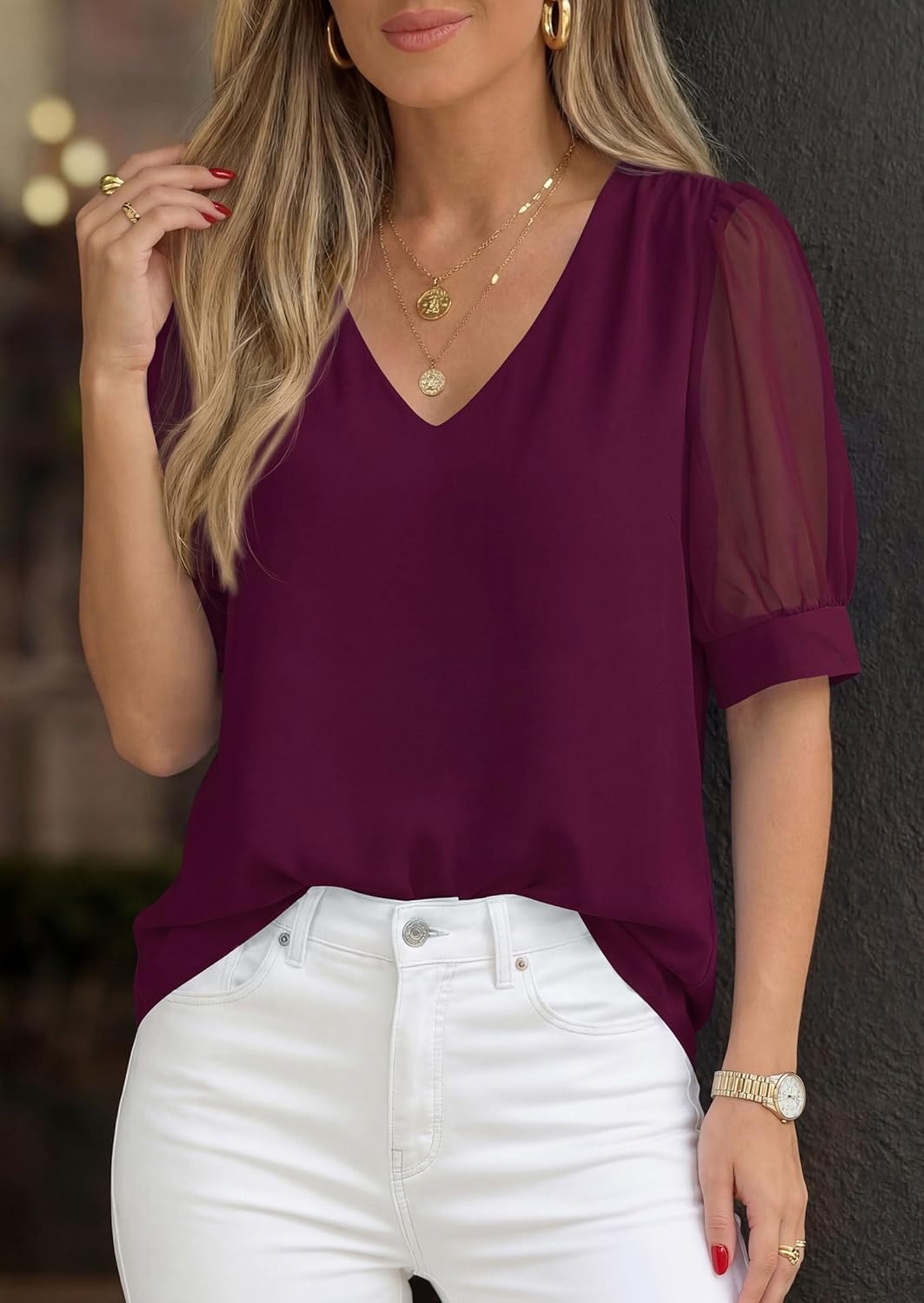imagePRETTYGARDEN Womens Tops Dressy Casual Puff Sleeve Chiffon Blouses V Neck Business Work Shirts 2026 Summer Fashion ClothingBurgundy