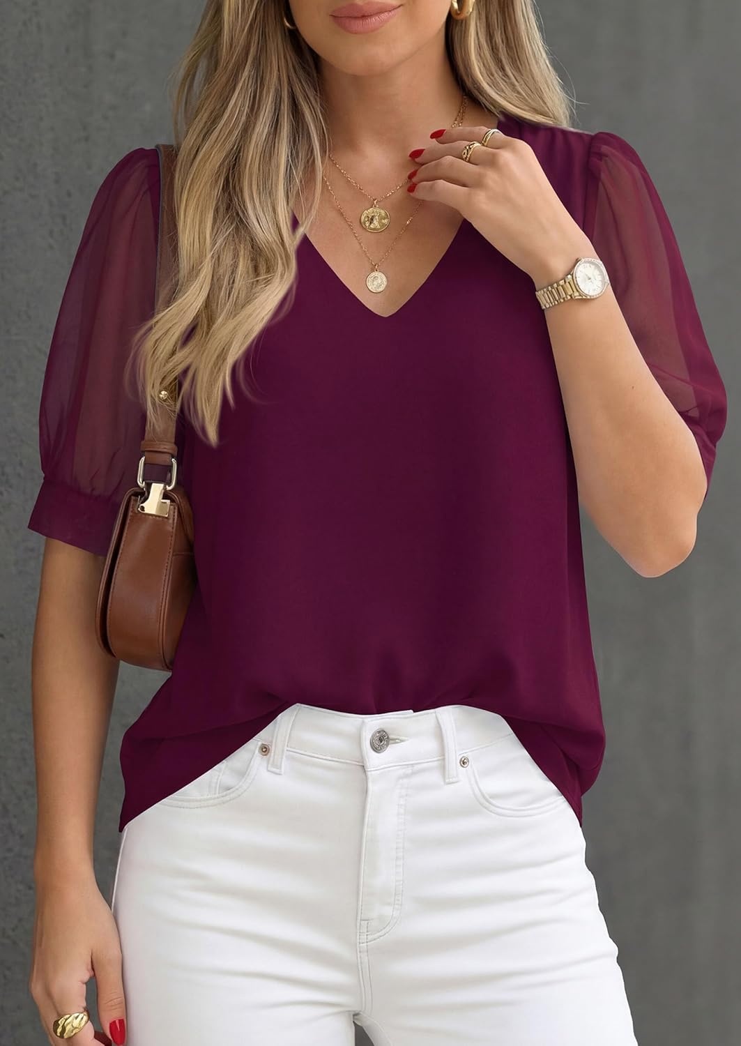 imagePRETTYGARDEN Womens Tops Dressy Casual Puff Sleeve Chiffon Blouses V Neck Business Work Shirts 2026 Summer Fashion ClothingBurgundy