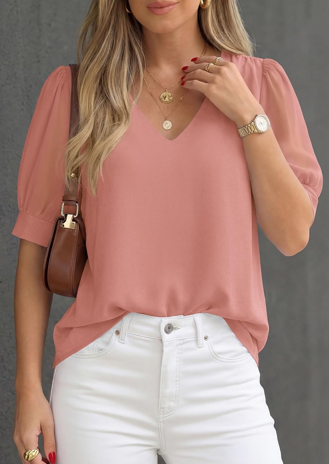 imagePRETTYGARDEN Womens Tops Dressy Casual Puff Sleeve Chiffon Blouses V Neck Business Work Shirts 2026 Summer Fashion ClothingPink